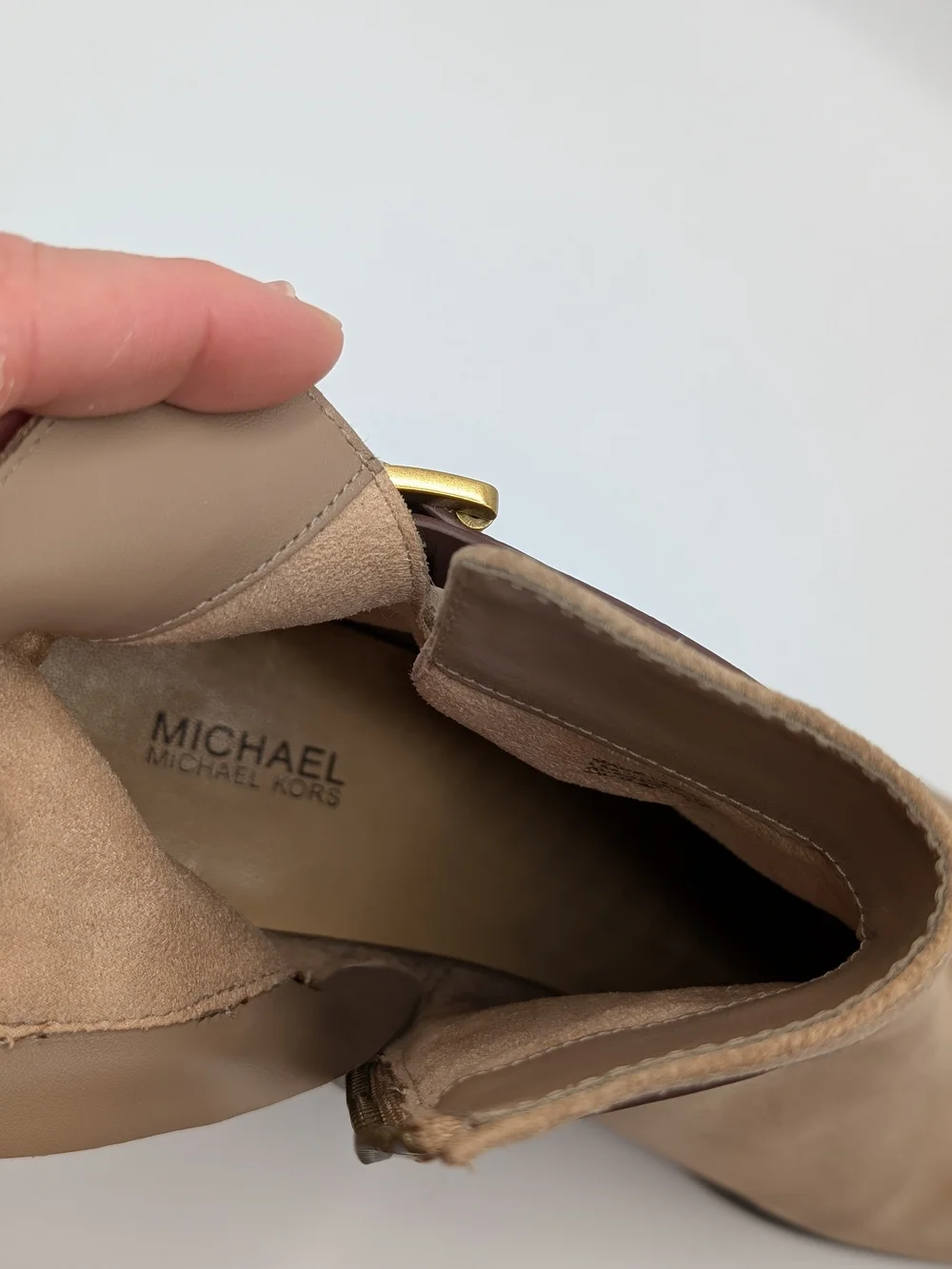 Michael Kors Women 8 Taupe Suede Ankle Boots Brown Leather Straps Block Heel
